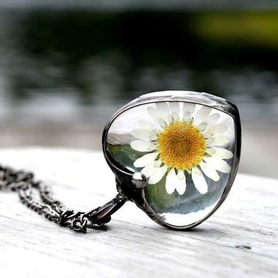 Alternate image for Real Pressed Flower Daisy Pendant Necklace for Women, Stained Glass Jewelry
