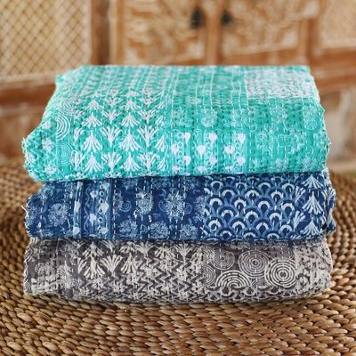 Alternate image for Kantha Cotton Bedspread and Shams in Seaglass 3 Piece Kantha Charm in Turquoise