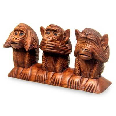 Alternate image for Wood Sculpture from Indonesia Three Wise Monkeys