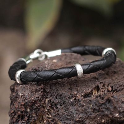 Alternate image for Collectible Mens Leather and Silver Wristband Bracelet Bold Black