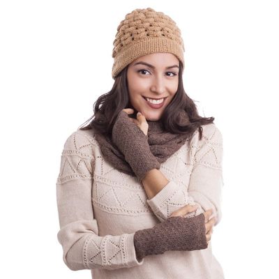 Alternate image for Patterned 100 Baby Alpaca Fingerless Mitts in Chestnut Passionate Pattern in Chestnut