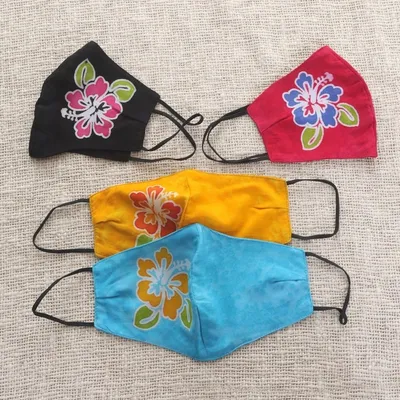 Alternate image for 4 Hand-Painted Rayon Batik Contoured Face Masks Vibrant Balinese Hibiscus