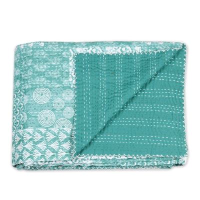 Alternate image for Kantha Cotton Bedspread and Shams in Seaglass 3 Piece Kantha Charm in Turquoise