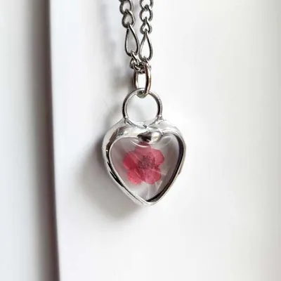 Alternate image for Red Flower Heart Pendant Charm, Handmade Necklace for Women and Girls, Real Pressed Flower Jewelry