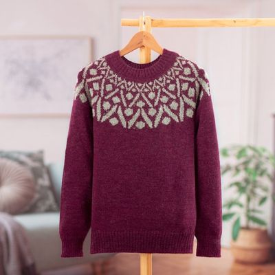 Alternate image for Geometric Burgundy and Grey 100 Alpaca Pullover Sweater Burgundy Geometry