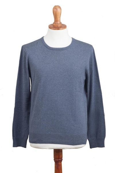 Alternate image for Mens Crew Neck Cotton Blend Pullover in Indigo from Peru Casual Comfort in Indigo