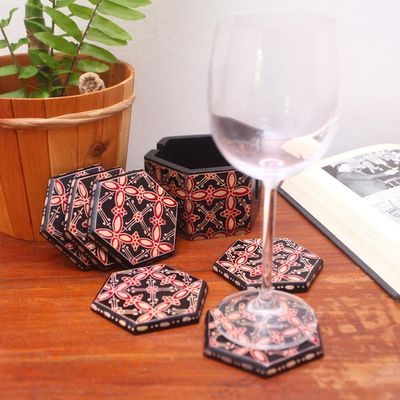 Primary image for Truntum Motif Batik Wood Coasters from Java Set of 6 Hexagon Batik