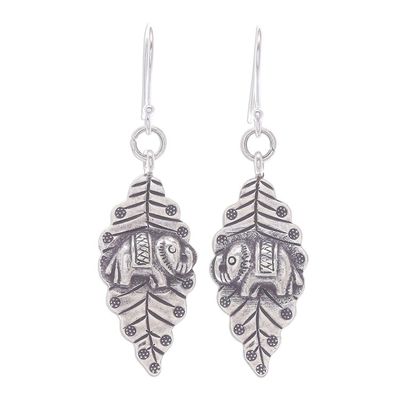 Alternate image for Oxidized Sterling Silver Leaf and Elephant Dangle Earrings Elephant Nature