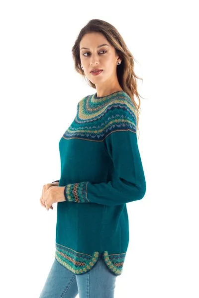 Alternate image for Teal  Blue 100 Alpaca Pullover Patterned Peruvian Sweater Playful Teal