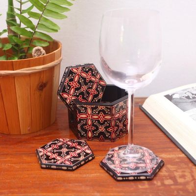 Alternate image for Truntum Motif Batik Wood Coasters from Java Set of 6 Hexagon Batik
