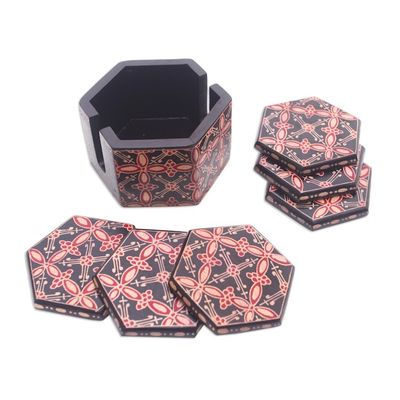 Alternate image for Truntum Motif Batik Wood Coasters from Java Set of 6 Hexagon Batik