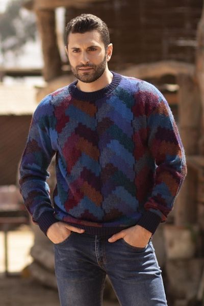 Alternate image for Multicolor Alpaca Mens Geometric Knit Pullover Sweater Stairway to the Heavens