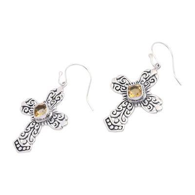 Alternate image for Sterling Silver Cross Dangle Earrings with Citrine Stones Cross of Heaven in Yellow
