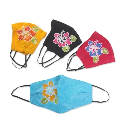 Alternate image for 4 Hand-Painted Rayon Batik Contoured Face Masks Vibrant Balinese Hibiscus