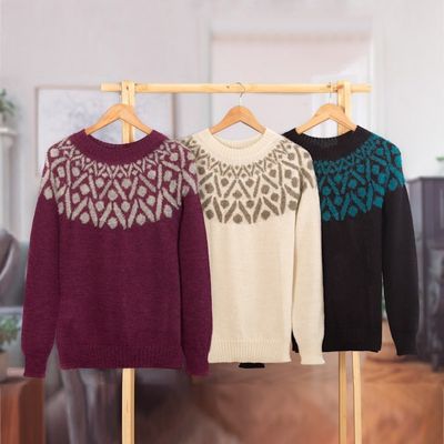 Alternate image for Geometric Burgundy and Grey 100 Alpaca Pullover Sweater Burgundy Geometry