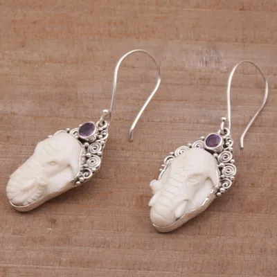 Alternate image for Amethyst Elephant Dangle Earrings with Carved Bone Elephant Grandeur