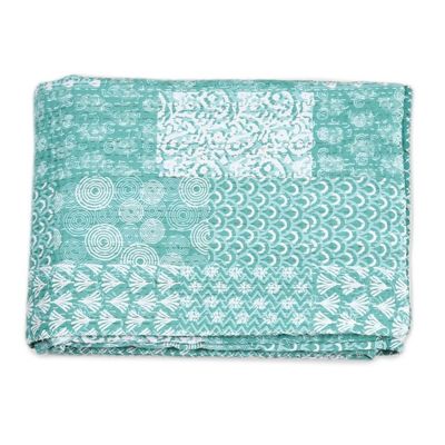 Alternate image for Kantha Cotton Bedspread and Shams in Seaglass 3 Piece Kantha Charm in Turquoise