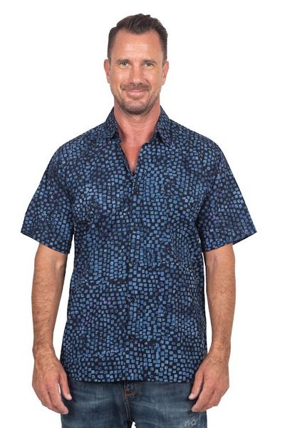Alternate image for Mens 100 Cotton Navy Short Sleeve Batik Shirt Pixel Play