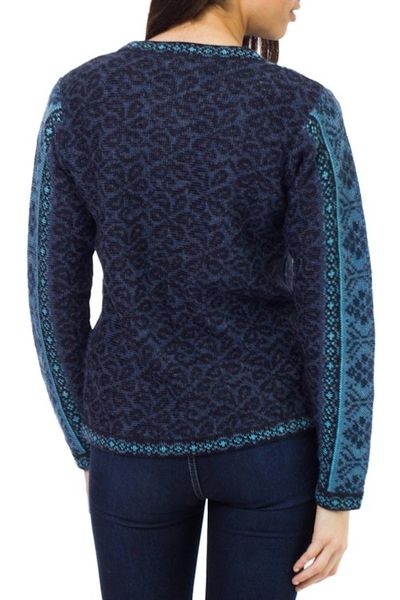 Alternate image for Handcrafted Floral Alpaca Wool Art Knit Cardigan Blue Andean Poinsettia