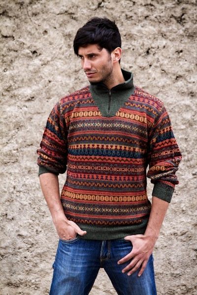 Alternate image for Mens Fair Trade Alpaca Art Knit Pullover Sweater Mountain Sunset