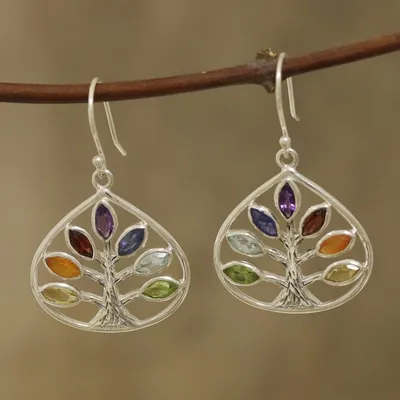 Alternate image for Multi-Gemstone Chakra Tree Dangle Earrings from India Energy Tree