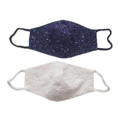 Alternate image for 2 Hand Beaded Cotton Contoured Face Masks in White and Blue Glamour and Sparkle