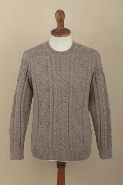 Primary image for Mens Mushroom Brown 100 Alpaca Cable Knit Pullover Sweater Mushroom Brown Geometry