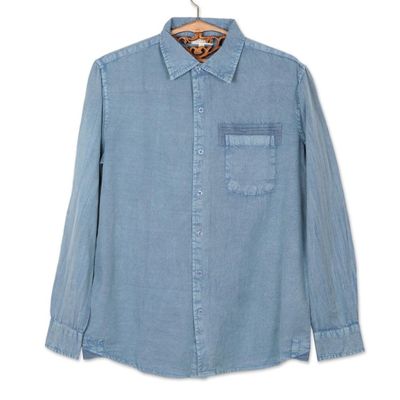 Alternate image for Mens Long-Sleeved Cotton Shirt in Denim Blue from India Bold Flair in Sky Blue