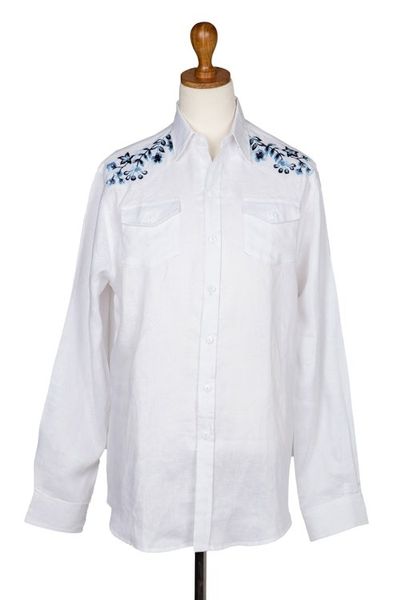 Alternate image for Mens Hand-Embroidered Shirt with Floral Motif Calm Under Pressure
