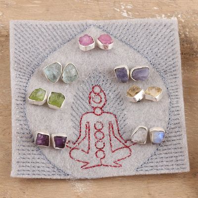 Alternate image for Set of 7 Gemstone Stud Earrings Crafted in India Yoga Delight