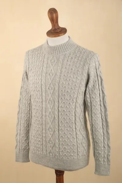 Alternate image for Mens 100 Alpaca Pullover Sweater With Braid Pattern Grey Braids