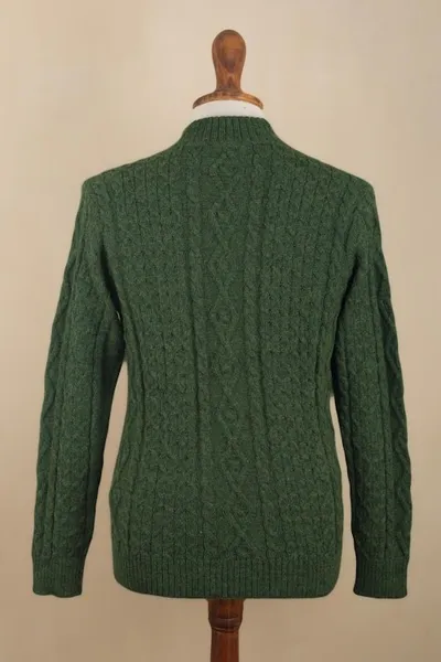 Alternate image for Mens Dark Green 100 Alpaca Pullover Sweater From Peru Moss Braids