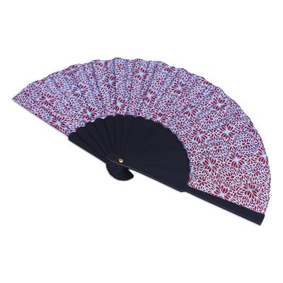 Alternate image for Unique Silk Batik Fan with Floral Print Aster Blue
