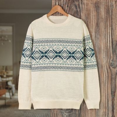 Primary image for 100 Alpaca Mens Pullover Sweater with Geometric Design Clouds in the Andes