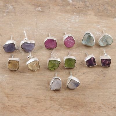 Alternate image for Set of 7 Gemstone Stud Earrings Crafted in India Yoga Delight