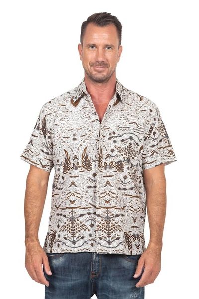 Alternate image for Mens Brown  White Short Sleeve Cotton Batik Button Shirt Continuous Love