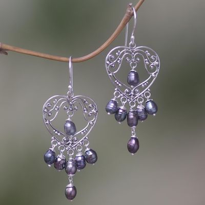 Primary image for Sterling Silver Pearl Heart Shaped Earrings Heart Symphony in Black