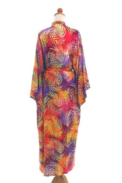 Alternate image for Red Orange Batik Print Long Sleeved Rayon Robe with Belt Sunset Grove