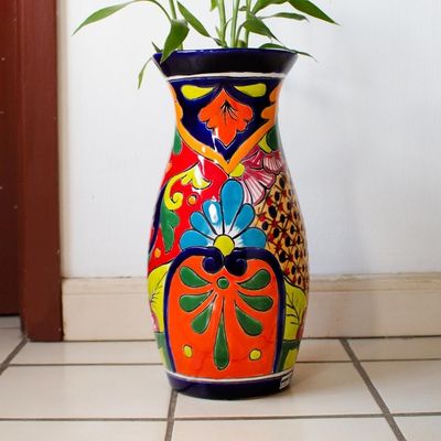 Alternate image for Curvy Talavera-Style Ceramic Vase Crafted in Mexico Colorful Curves
