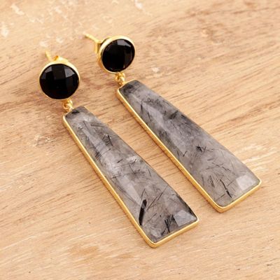 Alternate image for Gold Plated Tourmalinated Quartz and Onyx Dangle Earrings Elegant Towers