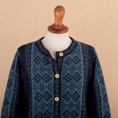 Alternate image for Handcrafted Floral Alpaca Wool Art Knit Cardigan Blue Andean Poinsettia