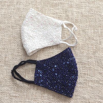 Alternate image for 2 Hand Beaded Cotton Contoured Face Masks in White and Blue Glamour and Sparkle