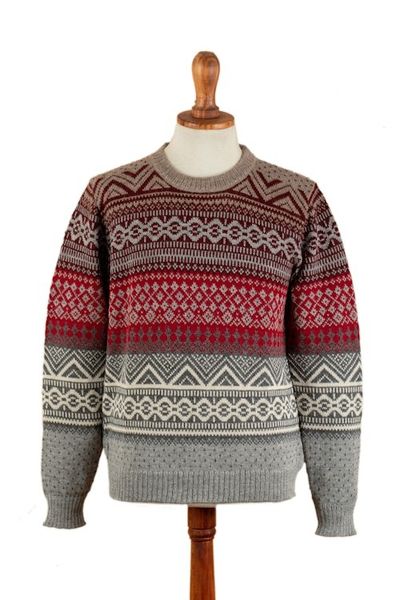 Alternate image for Mens Soft Grey and Red 100 Alpaca Pullover from Peru Grey Adventures