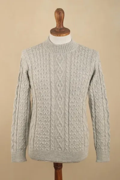 Alternate image for Mens 100 Alpaca Pullover Sweater With Braid Pattern Grey Braids