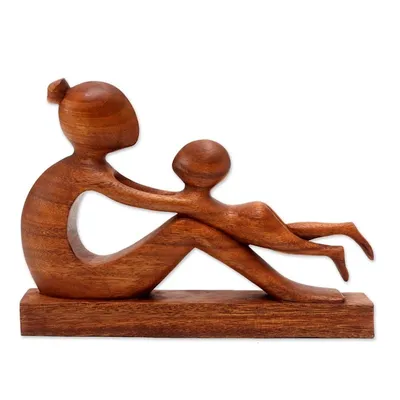 Alternate image for Hand-Carved Suar Wood Mother and Child Sculpture from Bali Playful Mother