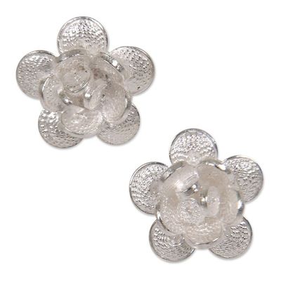 Alternate image for Indonesian Sterling Silver Floral Button Earrings Desert Rose