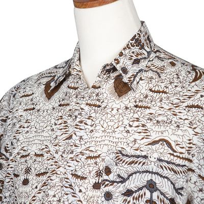Alternate image for Mens Brown  White Short Sleeve Cotton Batik Button Shirt Continuous Love