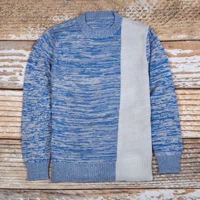 Primary image for Knit Blue Beige Cotton Sweater for Men Made in Peru Sky Blue