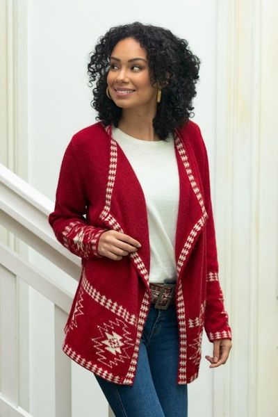 Primary image for Red Alpaca Wool Cardigan with White Glyph Stars from Peru Glyph Stars
