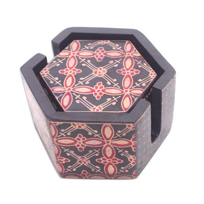 Alternate image for Truntum Motif Batik Wood Coasters from Java Set of 6 Hexagon Batik